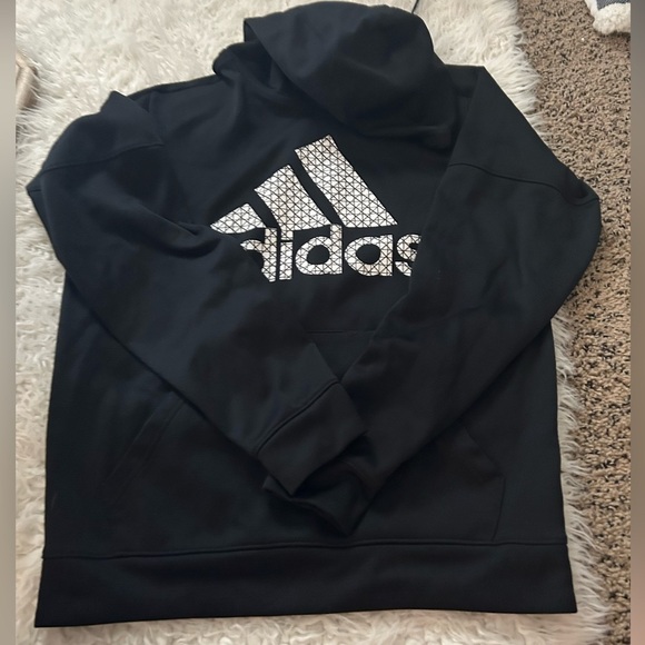 50%off w♥️ Adidas Med Spell out men Hoodie Sweatshirt Black and White-EUC - Picture 1 of 3